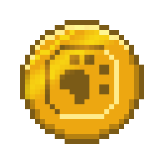 A KIBBLE coin, gold with a paw print on it, rotating